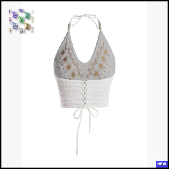 Open Back Halter Crop Top Embroidered Hippie Boho Tie Backless Knitted - Picture 2 of 5